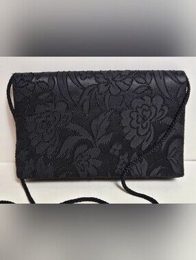 Elegant Carla Marchi Black Floral Satin Evening Clutch